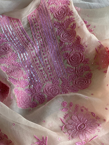 Ivory Shade Noor Organza Silk Chikankari Unstitched Kurta Dupatta Set