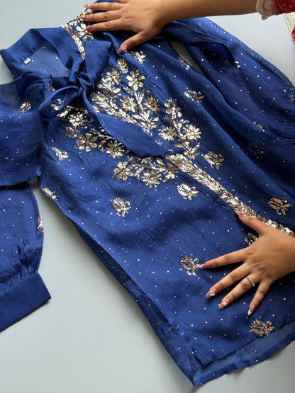 Blue Noor Organza Mukaish Badla Short Top With Bow Tie