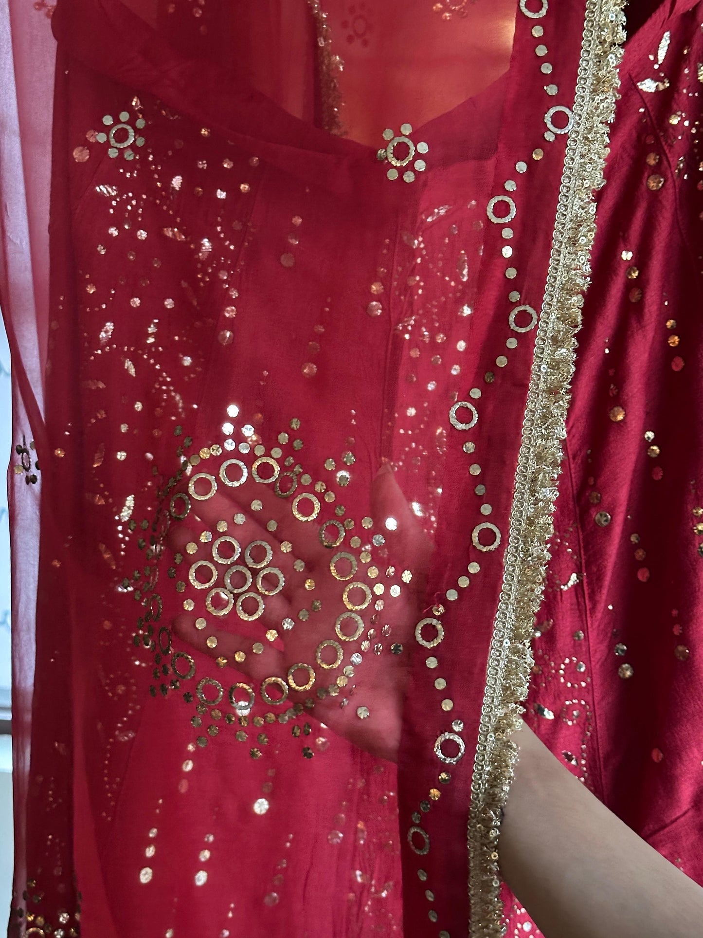 Red Moonga Silk Mukaish Badla Lehenga Set
