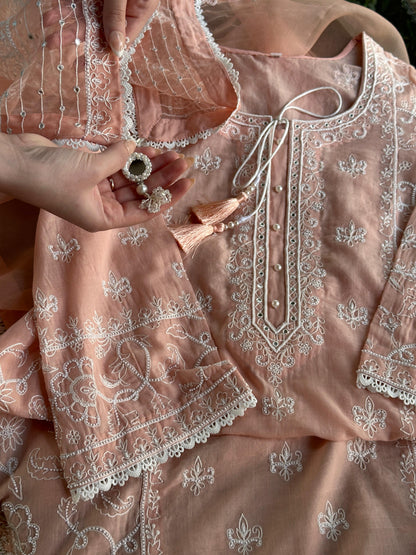 Peach Shade Malmal Pearl Work Chikankari Kurta Set