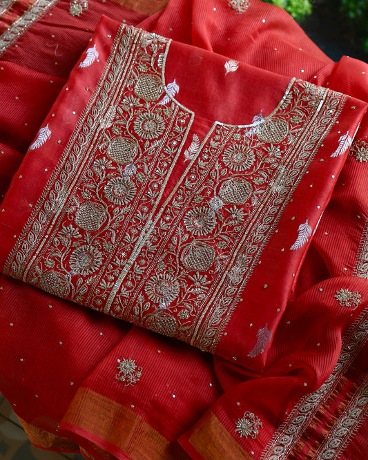 Carrot Pink Shade Banarasi Zari Chanderi Unstitched Chikankari Fabric