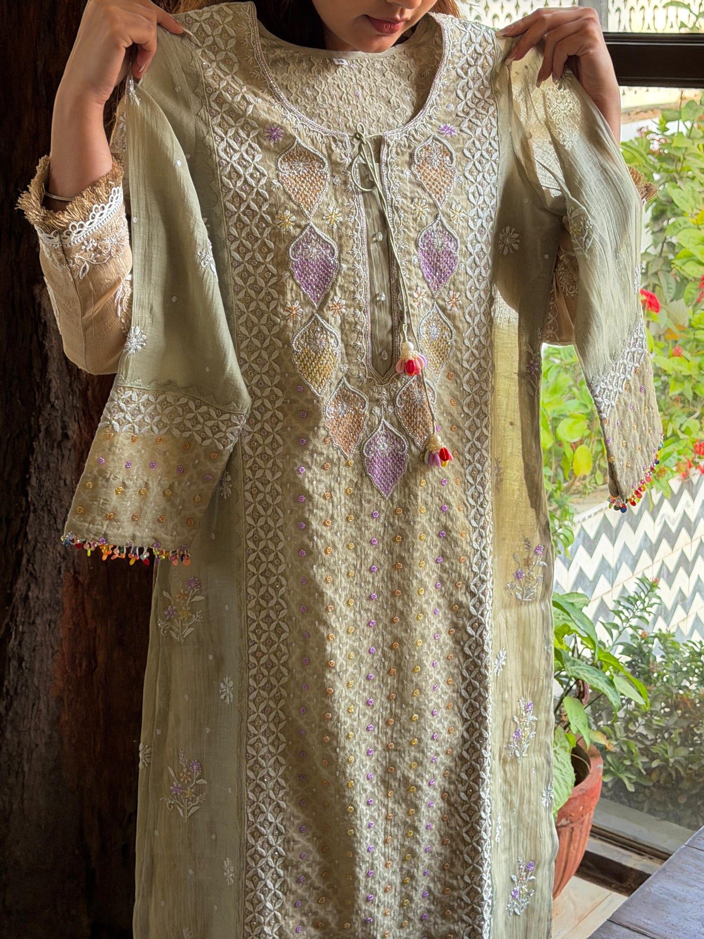 Jacquard Sequins Chikankari Kurta Set