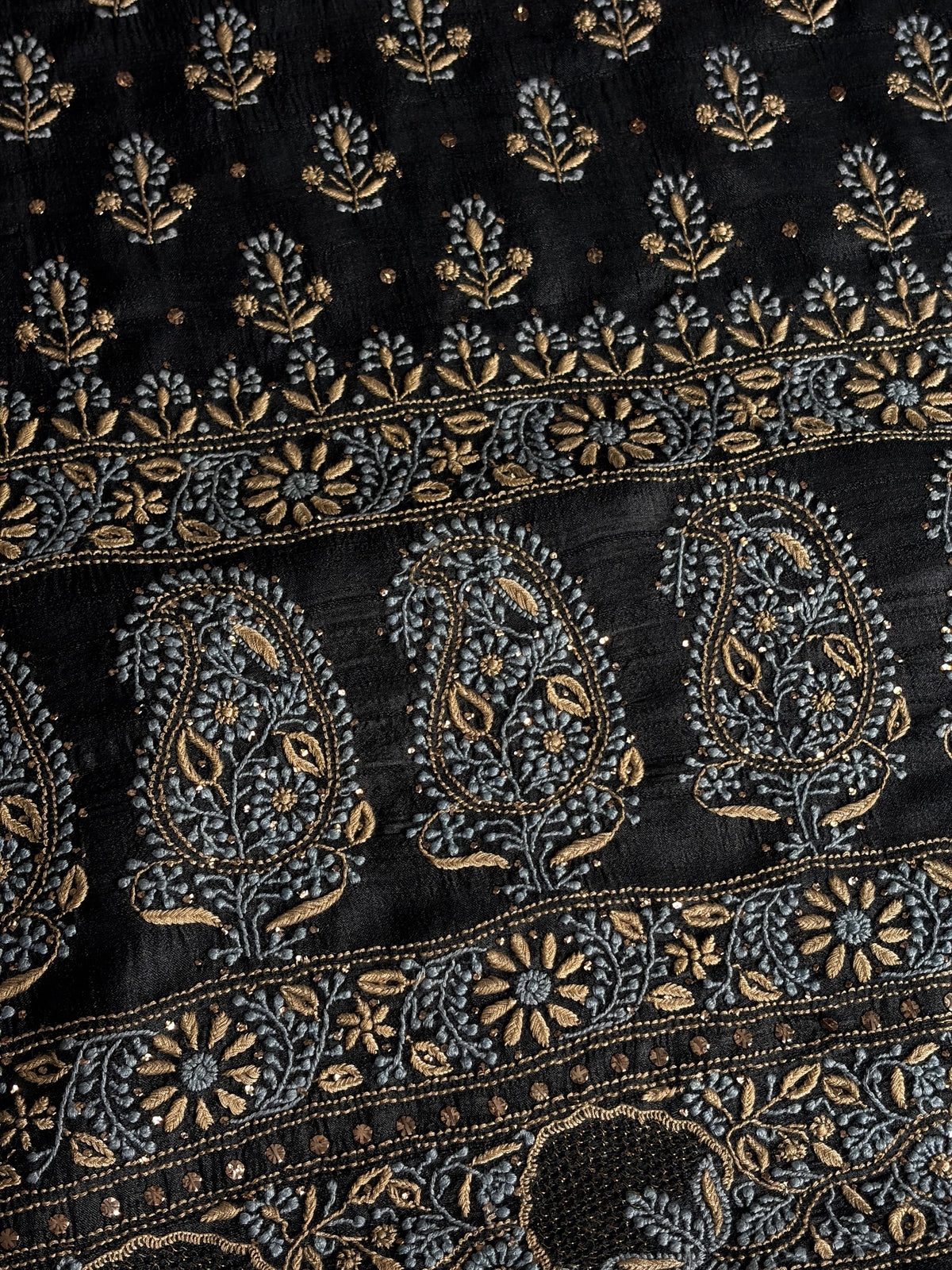 Black Shade Roheen Tussar Silk Chikankari Fabric