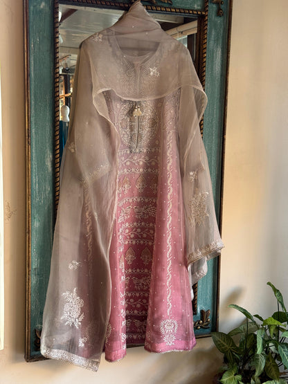 Grey & Pink Ombre Shade Noor Organza Chikankari Anarkali