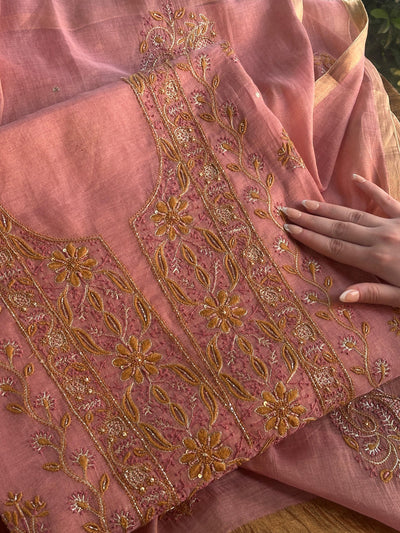 Rose Pink Shade Roheen Tissue Silk Chikankari Unstitched Fabric