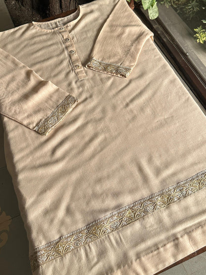 Soft Cream Shade Kashmiri Pashmina Phiran with Handcrafted Ari & Chikankari Embroidery