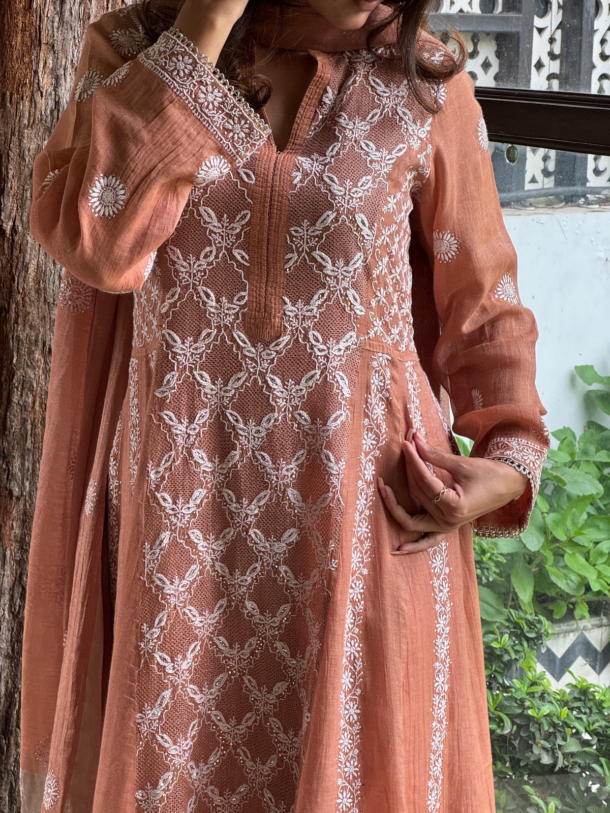 Coral Peach Shade Tissue Silk Chikankari Work Kalidar Kurta Dupatta Set