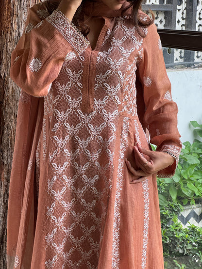 Coral Peach Shade Tissue Silk Chikankari Work Kalidar Kurta Dupatta Set