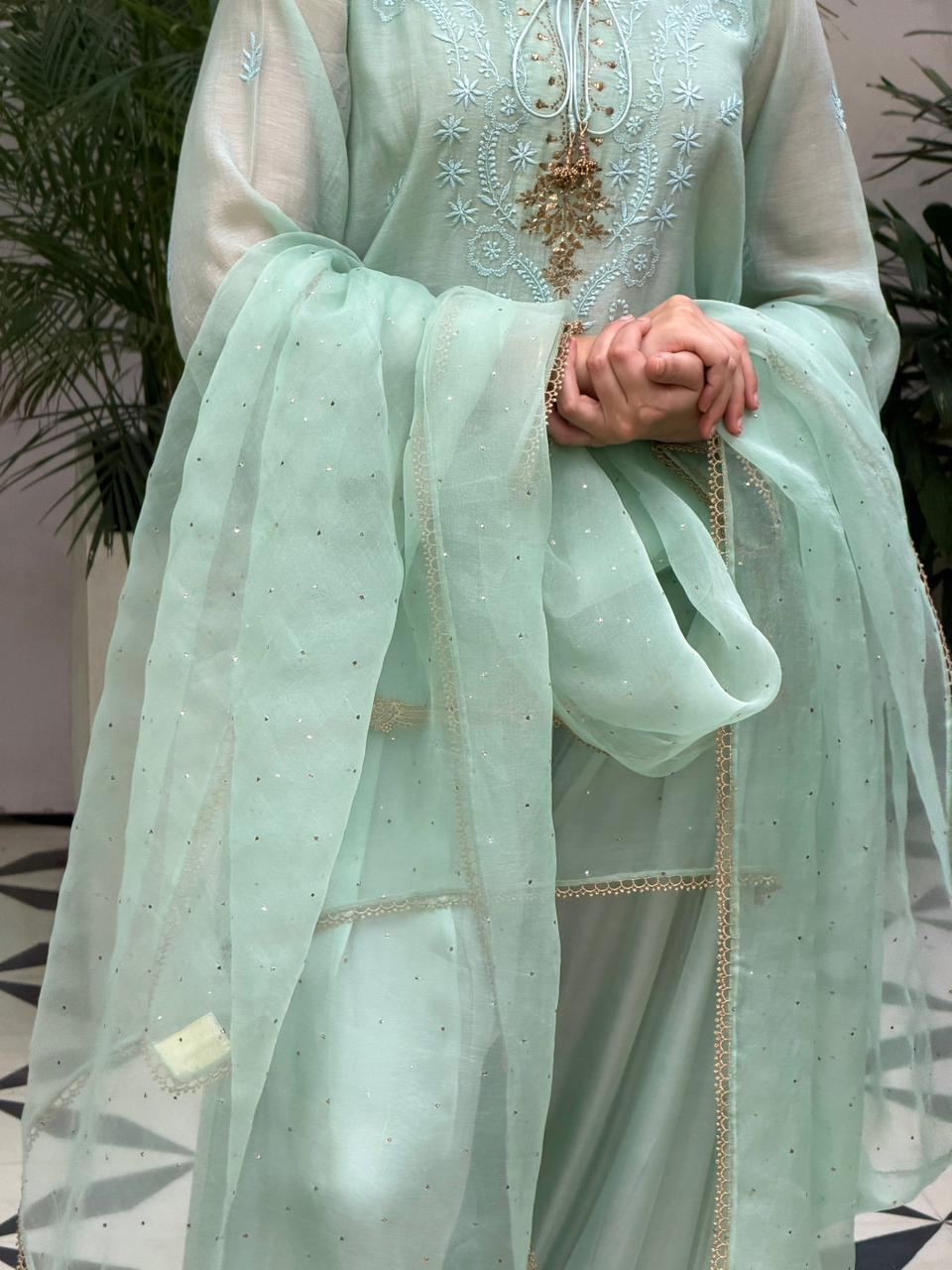 Satin Linen Farshi Sets With Chikankari & Kamdani