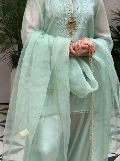 Satin Linen Farshi Sets With Chikankari & Kamdani