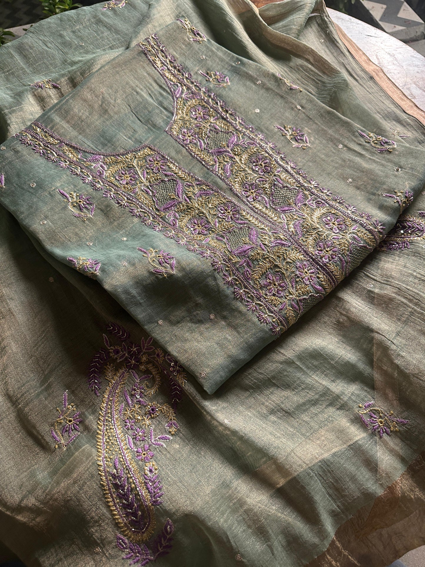 Sage Green & Purple Tissue Silk Chikankari Unstitched Fabric