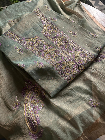 Sage Green & Purple Tissue Silk Chikankari Unstitched Fabric