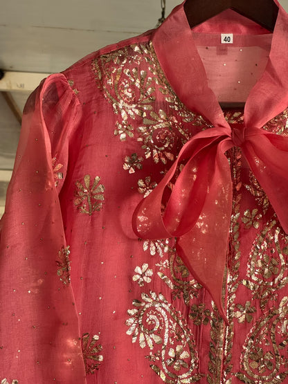 Carrot Pink Noor Organza Mukaish Badla Short Top With Bow Tie