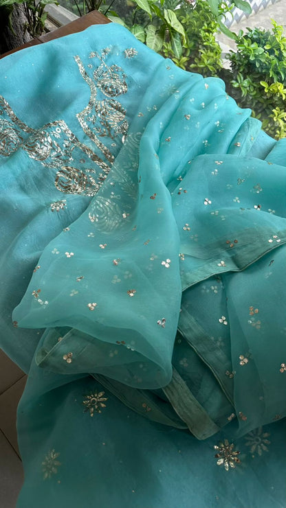 Aqua Mint Noor Organza Silk Mukaish Badla Unstitched Kurta Dupatta Set
