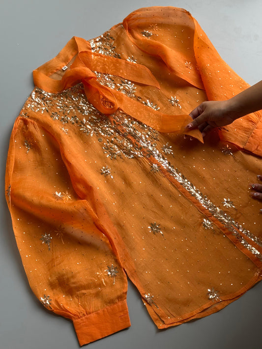 Orange Noor Organza Mukaish Badla Short Top With Bow Tie