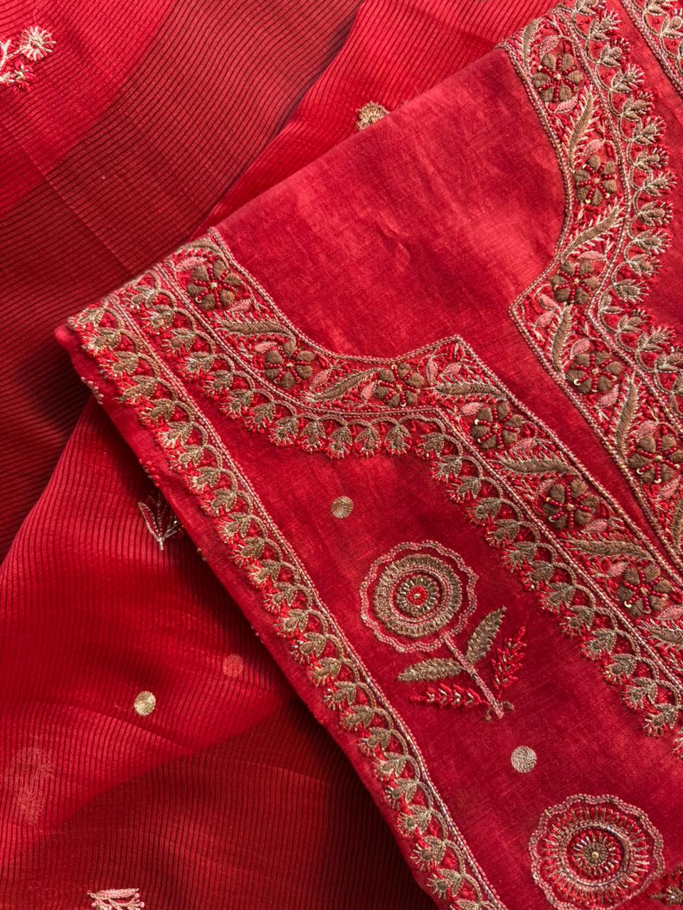 Brick Red Linen Silk Chikankari With Ari Work Unstitched Kurta Dupatta Set