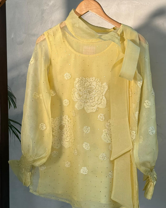 Lemon Noor Organza Resham Chikankari Short Top With Bow Tie