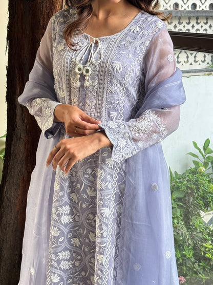 Mauve Blue Shade Cutwork Noor Organza Chikankari Anarkali