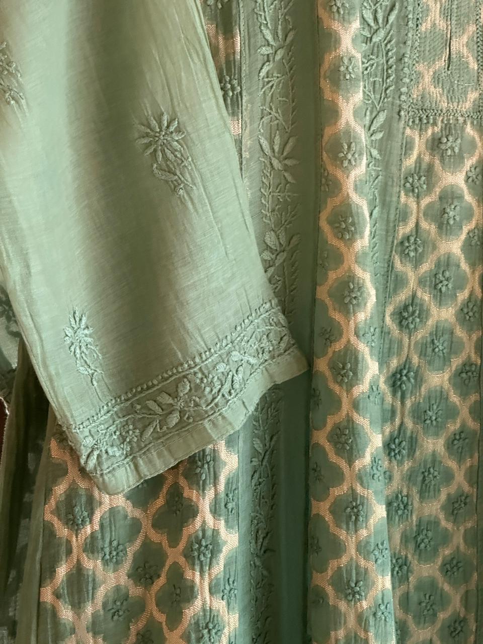 Green Zari Chanderi Chikankari A Line Kurta with Slip