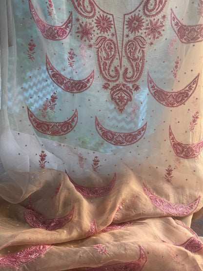 Beige & Pink Noor Organza Silk Chikankari Unstitched Kurta Dupatta Set