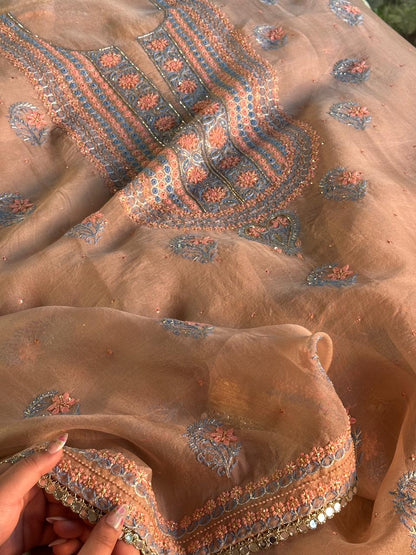 Peach Shade Noor Organza Silk Chikankari Unstitched Kurta Dupatta Set