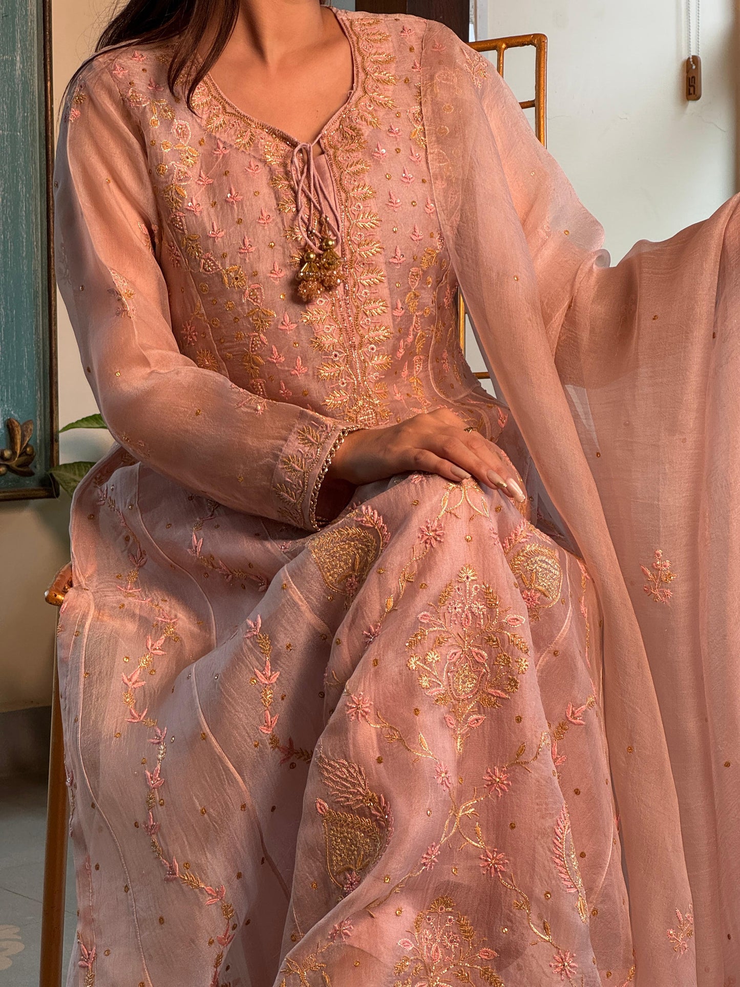 Dusty Peach Shade Noor Organza Chikankari Anarkali