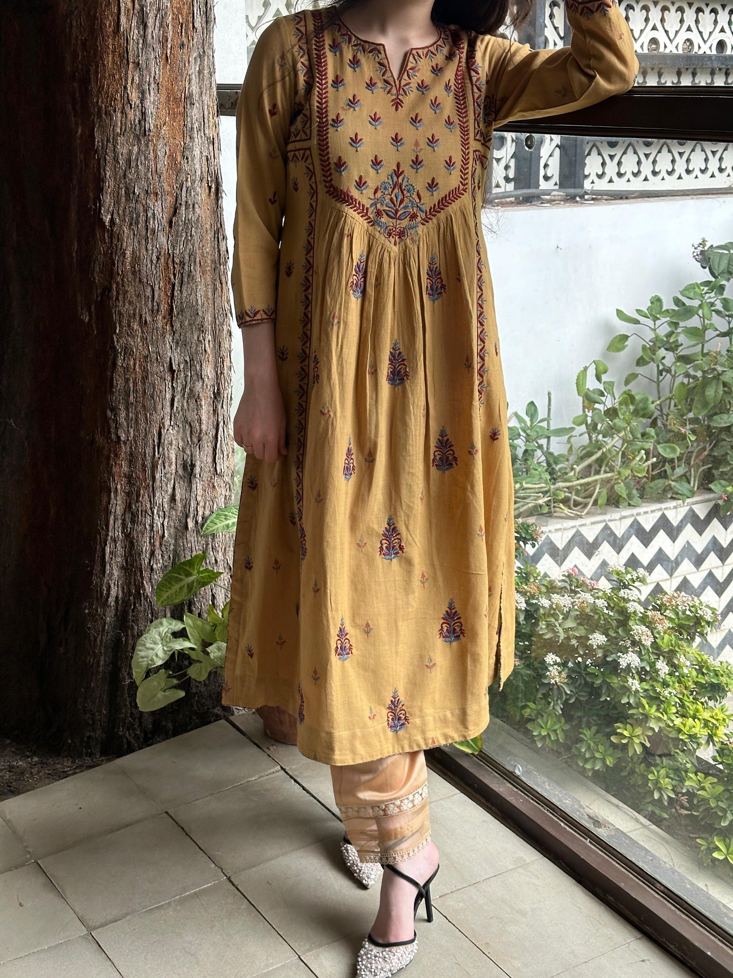 Mustard Yellow Handspun Malkha Chikankari Panel Tunic