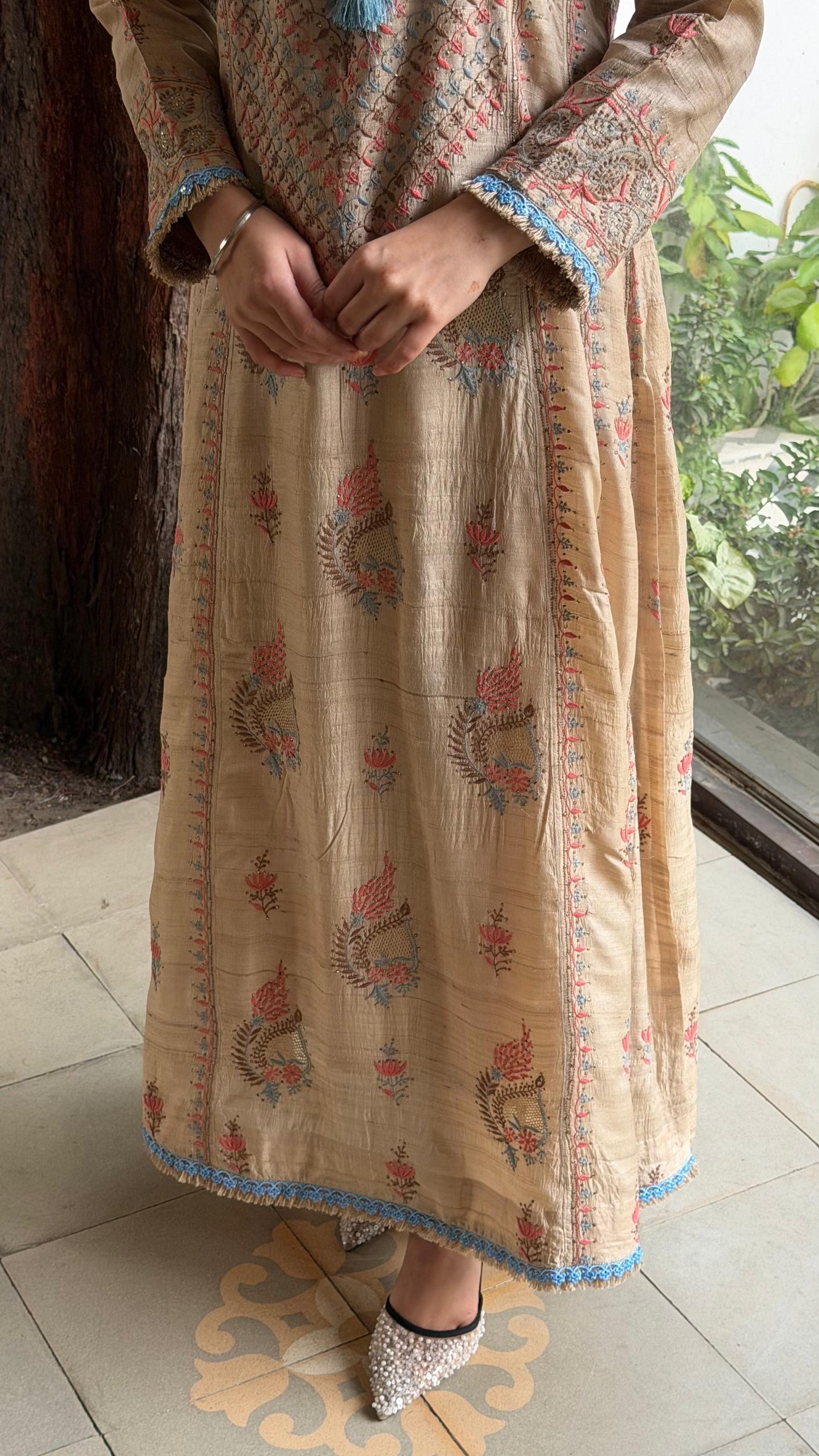 Basak Blue & Peach Natural Tussar Silk Kalidar Chikankari Kurta Set