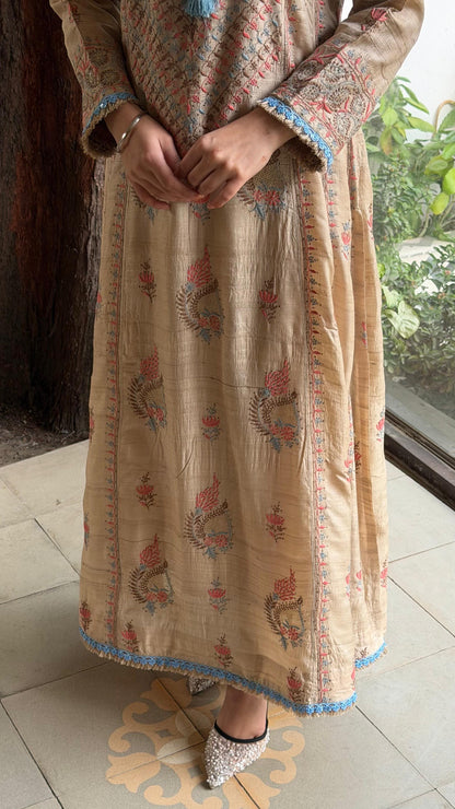 Basak Blue & Peach Natural Tussar Silk Kalidar Chikankari Kurta Set