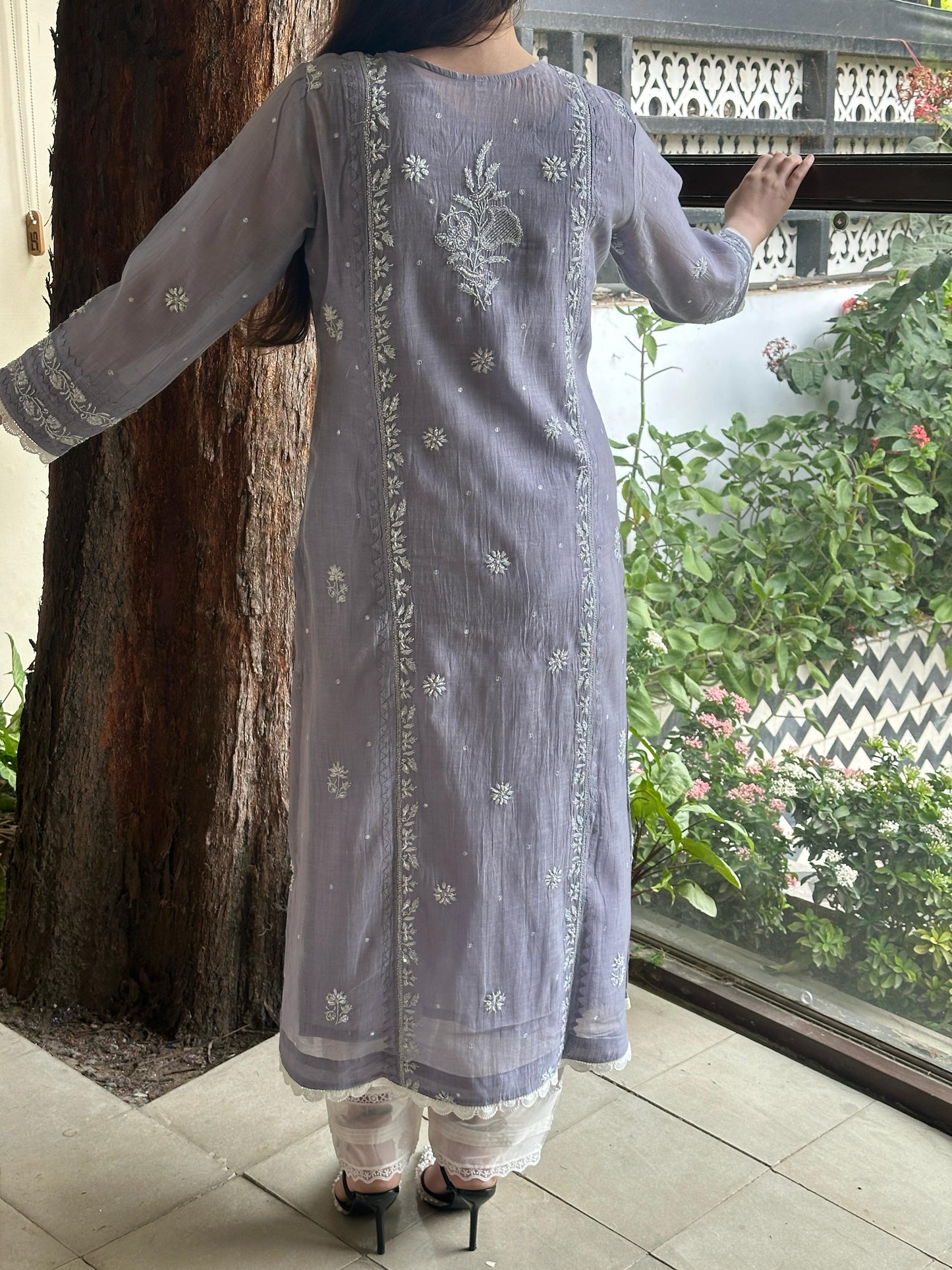 Grey Shade Malmal Mukaish Kamdani Chikankari Kurta Set