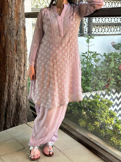 Lavender Chiffon Afghani Shalwar Chikankari Coord Set - Fine Chikankari Work