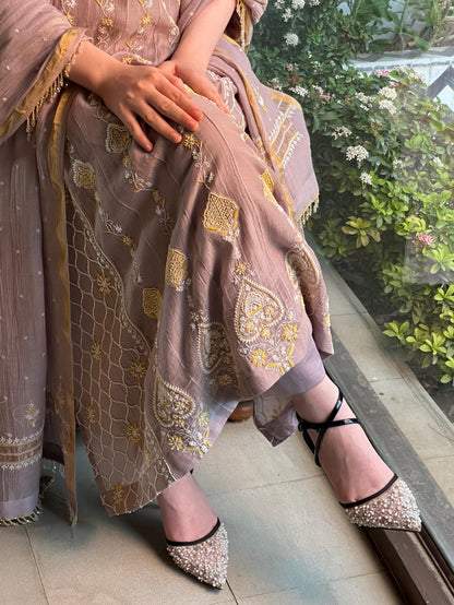 Mauve Shade Malmal Pearl Work Chikankari Kalidar Kurta Set