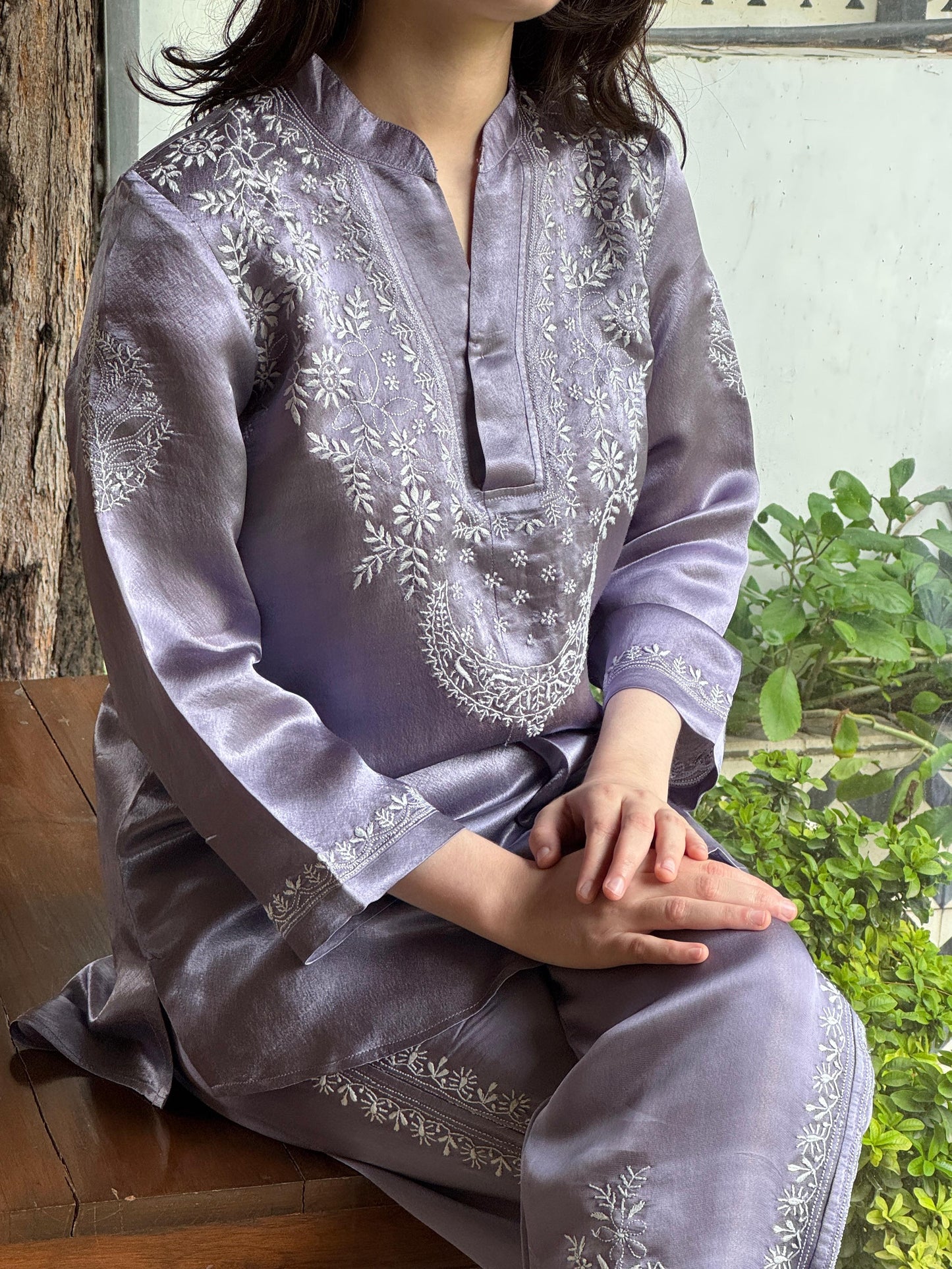 Purplish Grey Satin Shimmer Chikankari Co-Ord Set