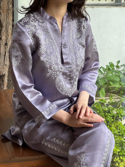 Purplish Grey Satin Shimmer Chikankari Co-Ord Set