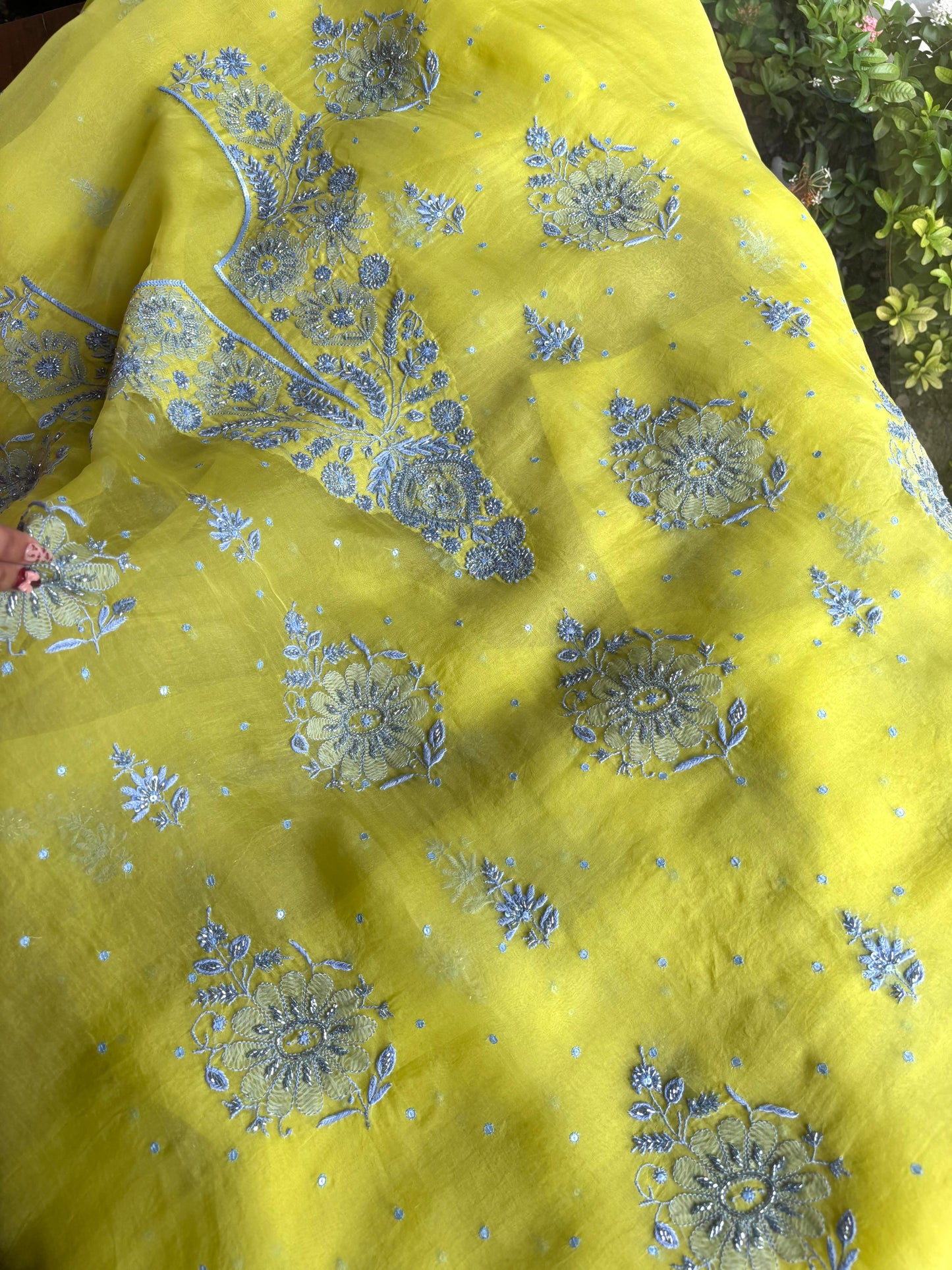Lime Green & Grey Noor Organza Silk Chikankari Unstitched Fabric