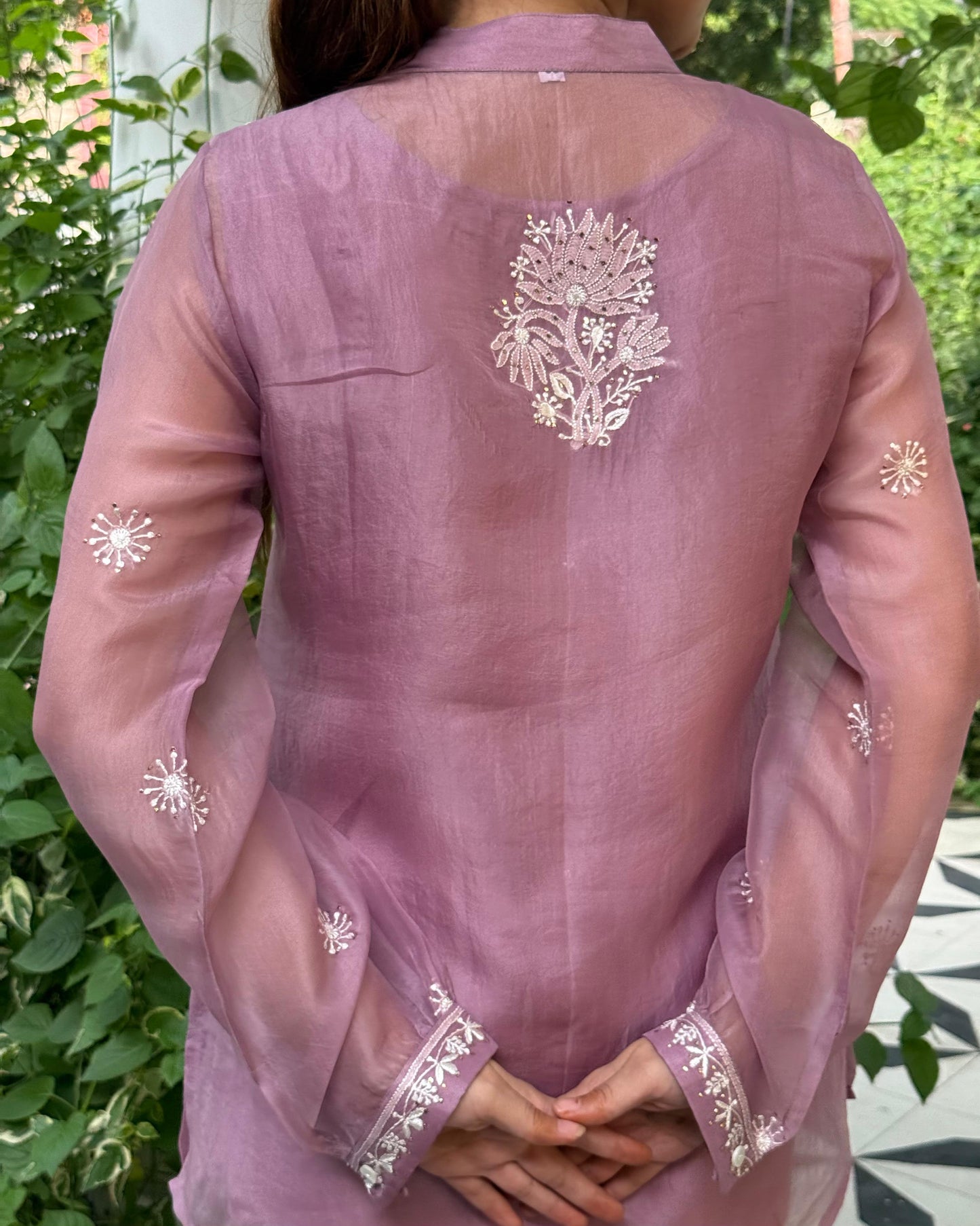 Dull Purple Noor Organza Resham Chikankari Front Open Short Top
