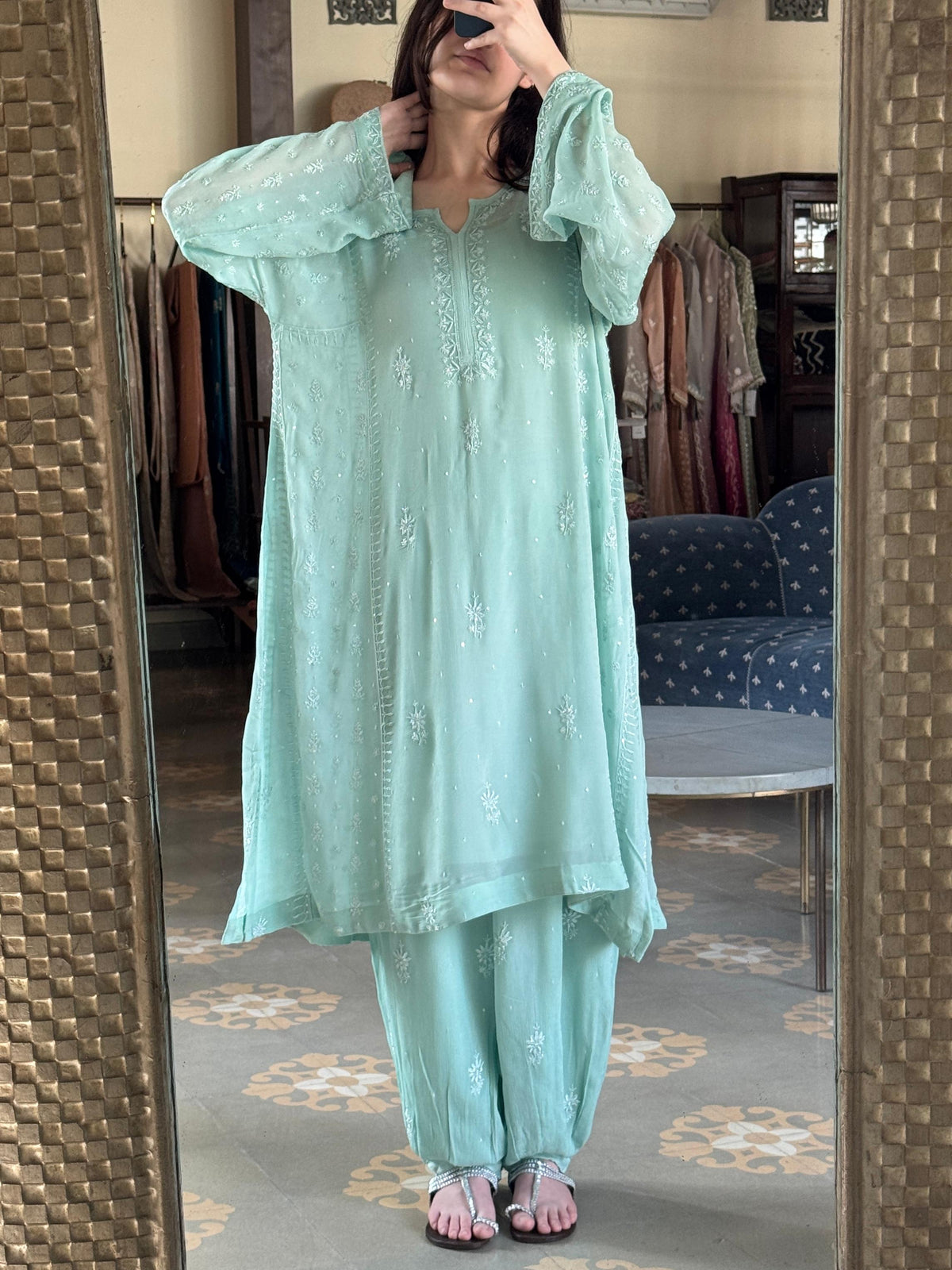 Pastel Sea Green Chiffon Kurta with Afghani Salwar – Fine Chikankari Work