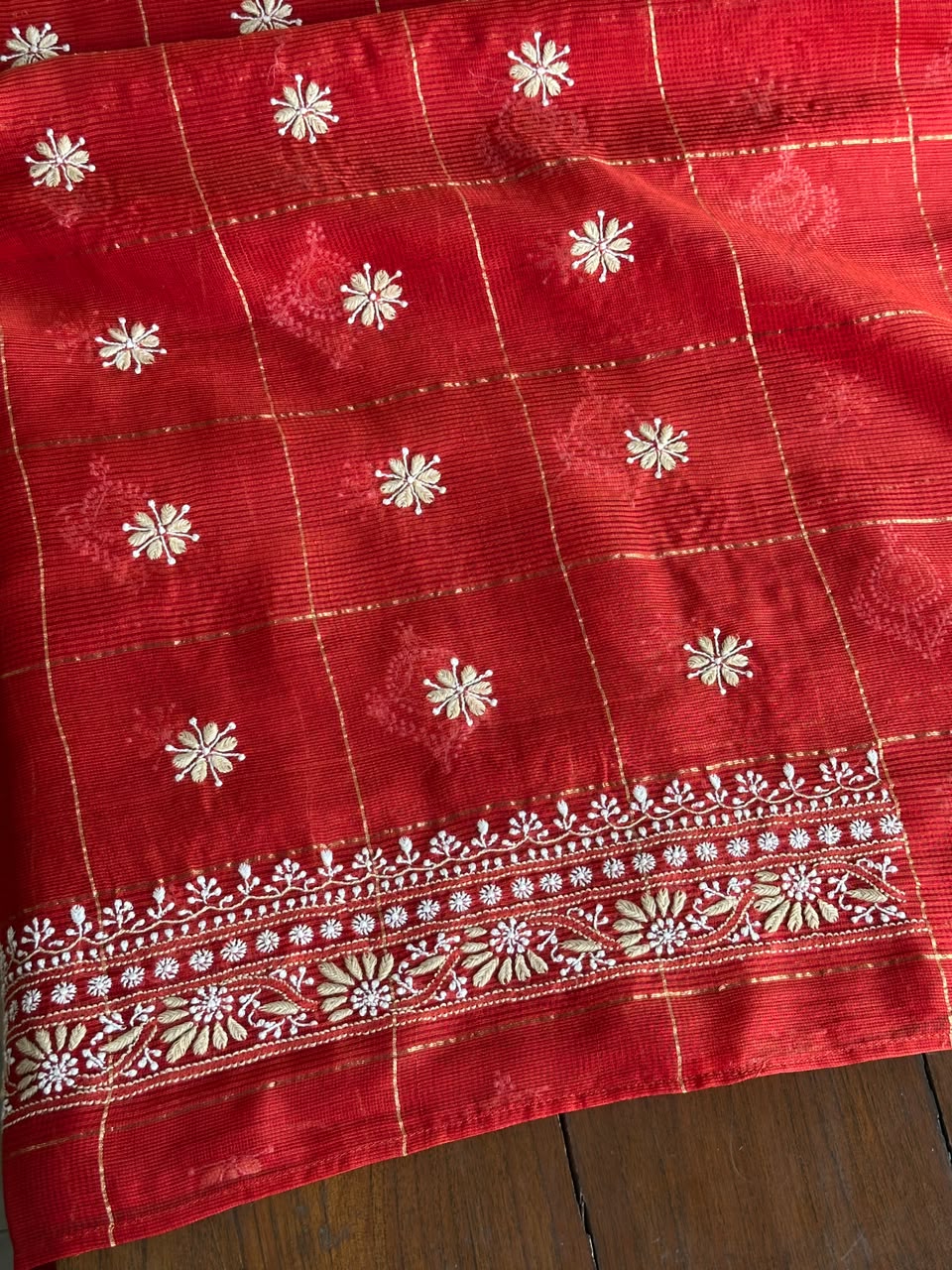 Red Shade Tissue Zari Kota Chikankari Unstitched Fabric