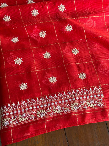 Red Shade Tissue Zari Kota Chikankari Unstitched Fabric