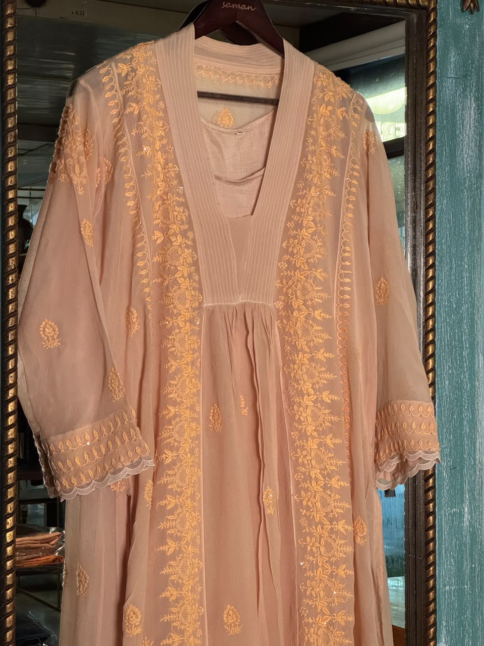 Peach Chiffon Chikankari Kurta with Lace Detailing