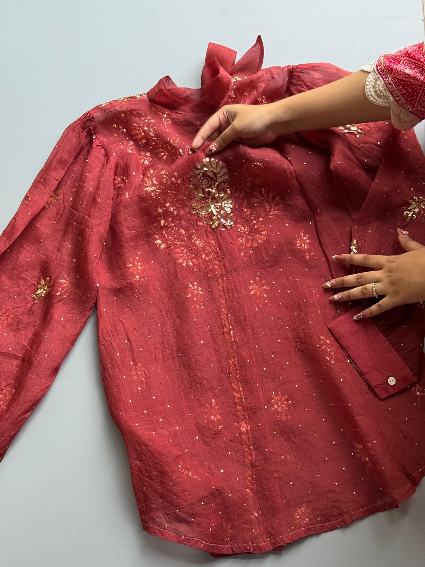 Brick Red Noor Organza Mukaish Badla Short Top With Bow Tie