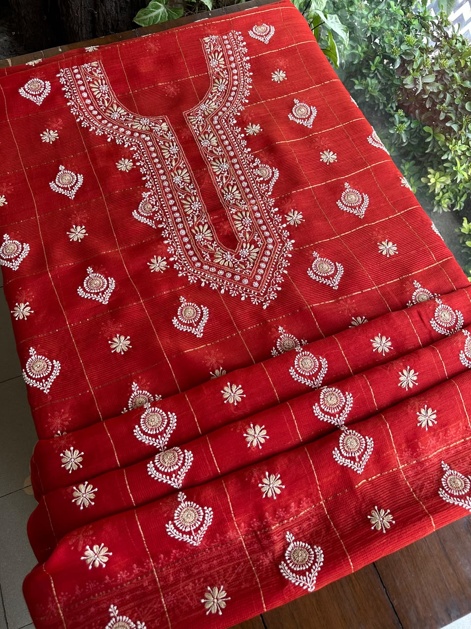 Red Shade Tissue Zari Kota Chikankari Unstitched Fabric