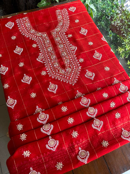 Red Shade Tissue Zari Kota Chikankari Unstitched Fabric