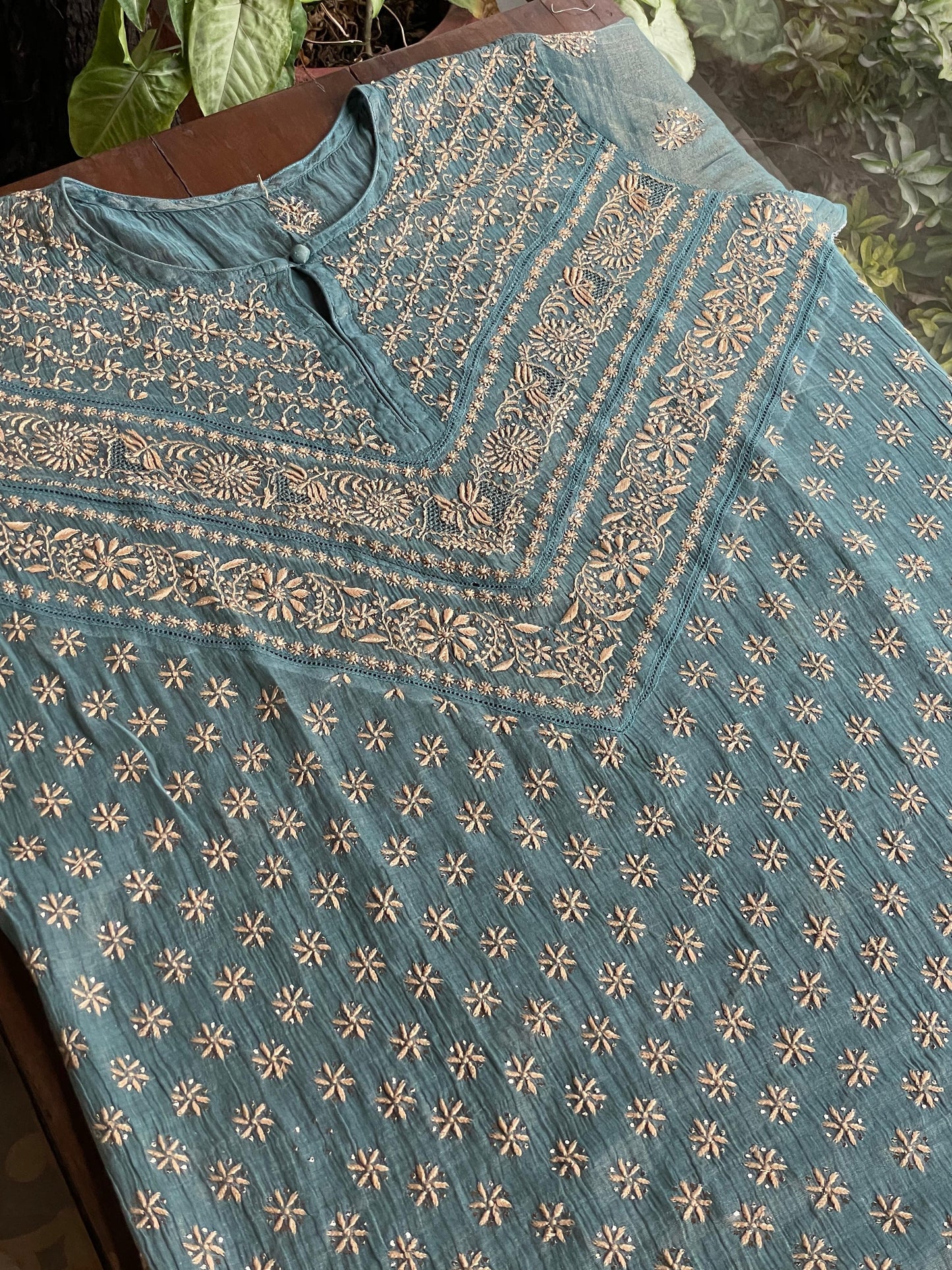 Grey Blue Shade | Tissue Silk Chikankari Work Kurta Set