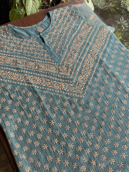 Grey Blue Shade | Tissue Silk Chikankari Work Kurta Set