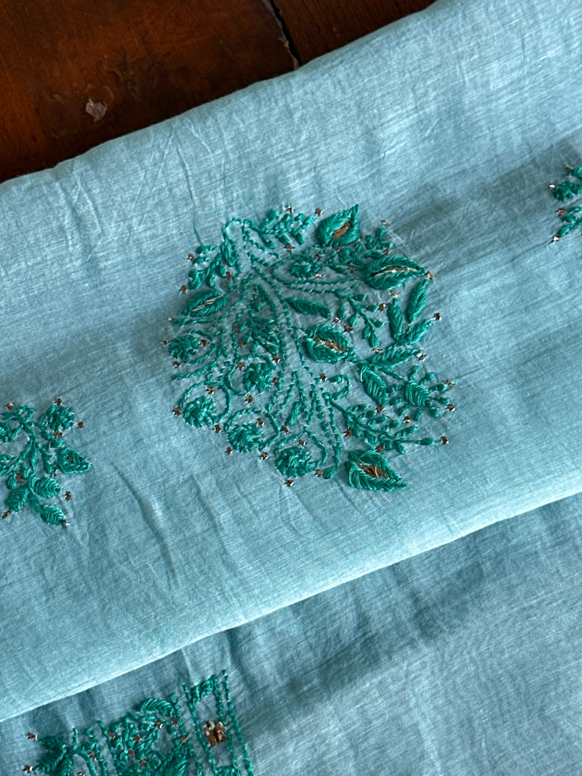 Blue Shade Mal Cotton Chikankari Unstitched Kurta Dupatta Fabric With Mukaish Badla