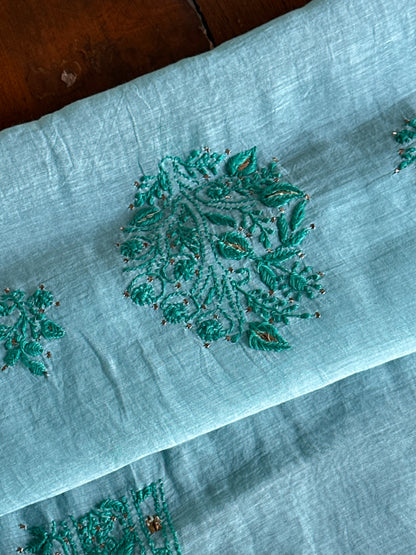 Blue Shade Mal Cotton Chikankari Unstitched Kurta Dupatta Fabric With Mukaish Badla