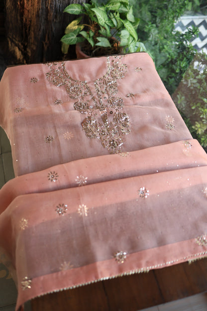 Coral Peach Shade Noor Organza Silk Badla Unstitched Kurta Dupatta Set
