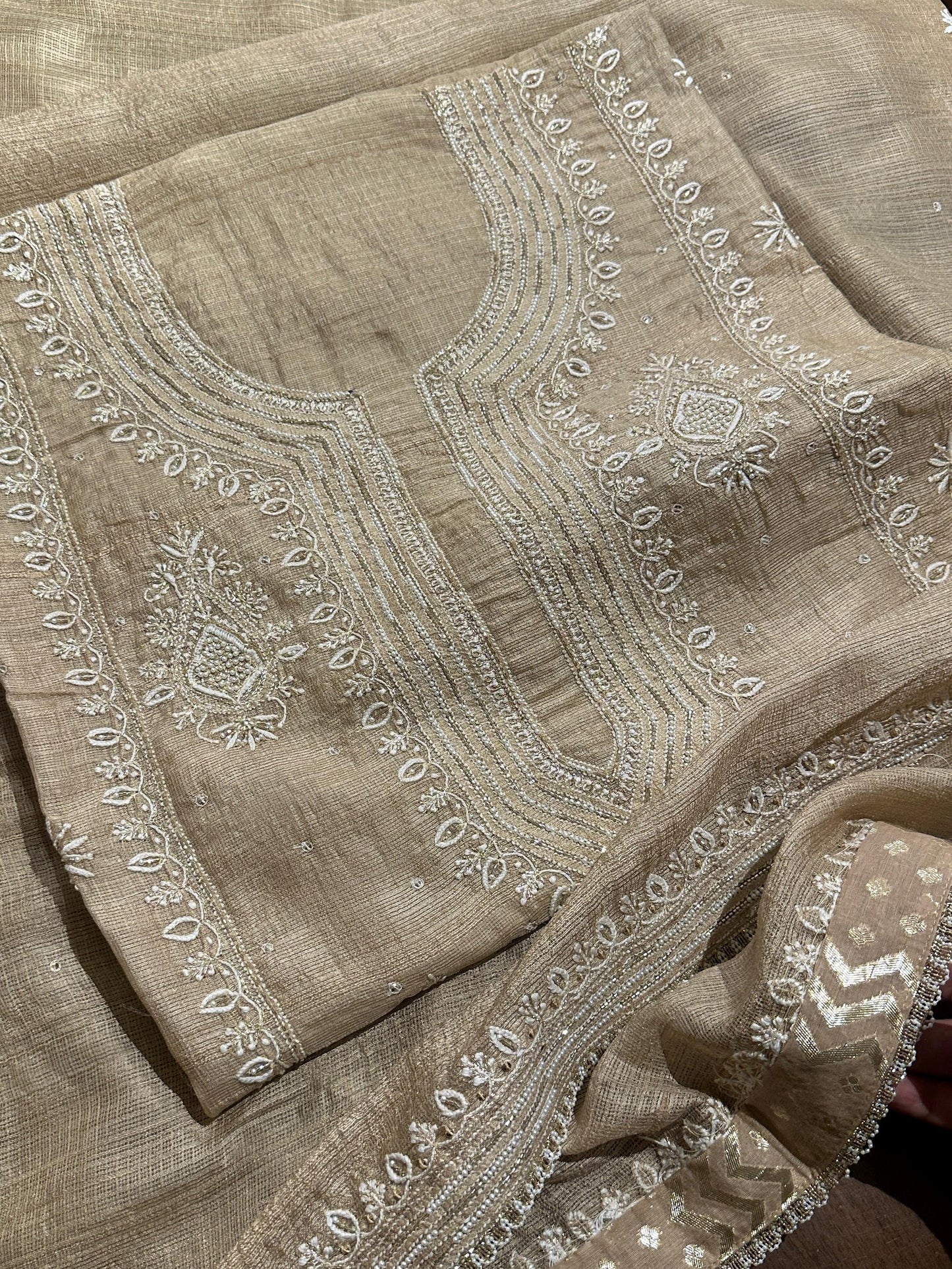 Beige Rasm Tussar Kota Chikankari Unstitched Chikankari Fabric