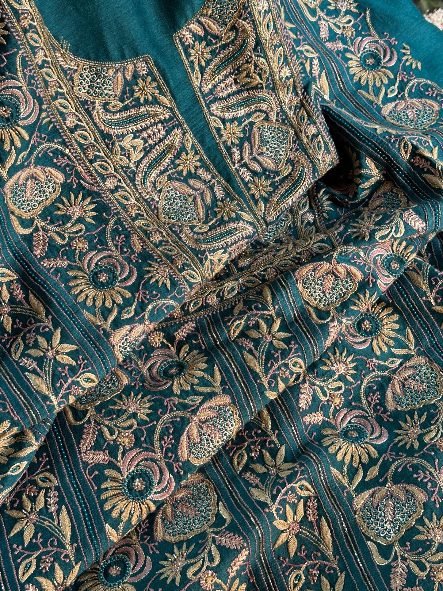 Peacock Blue Shade Moonga Silk Chikankari Unstitched Fabric